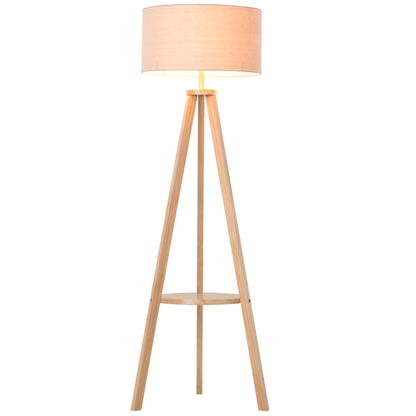 Laravi Natural Wood And Fabric Cream Tripod Floor Lamp With Shelf And Linen Shade 154 cm