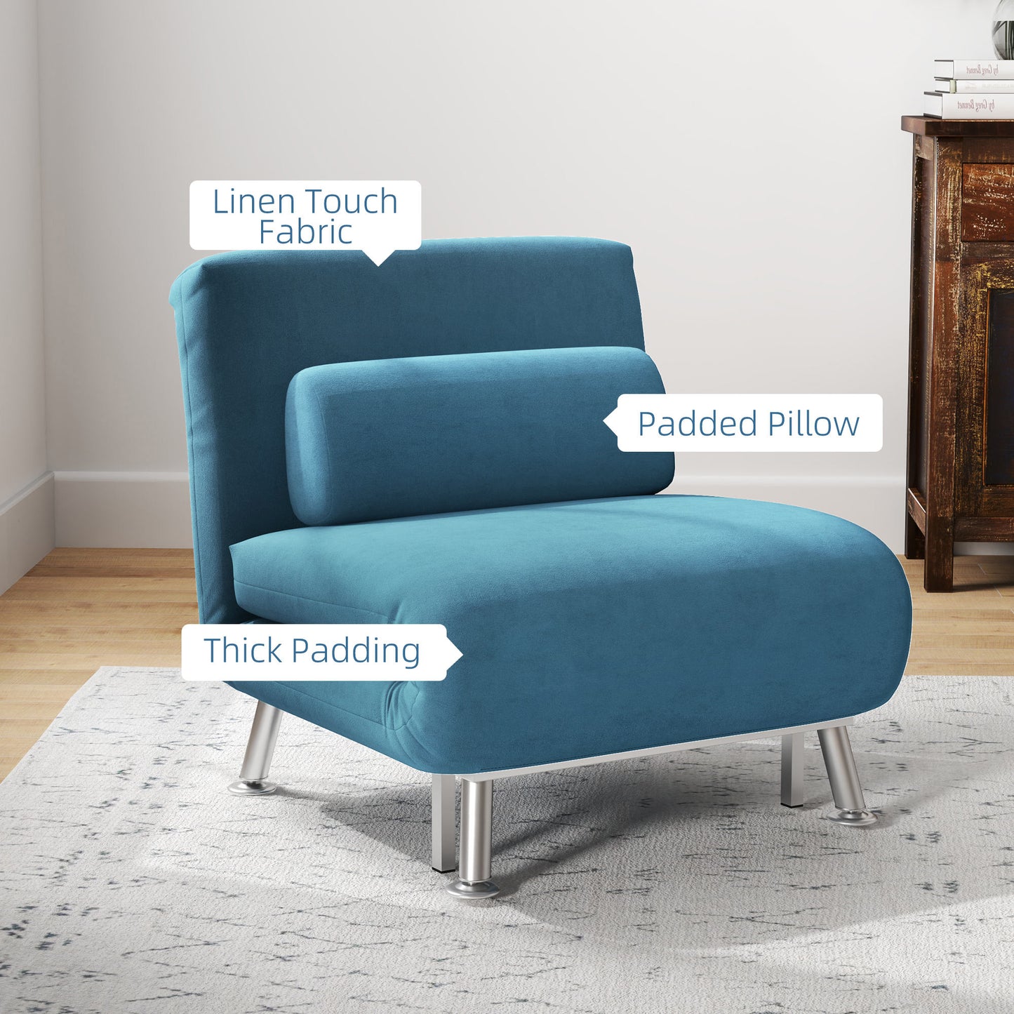 Ziel Lika Blue Velvet Single Sleeper Chair Silver Metal Legs