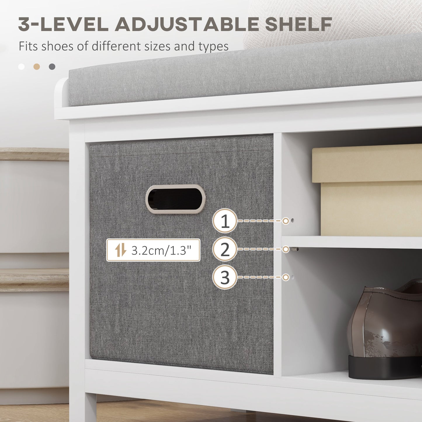 Keso Wooden White And Grey Shoe Storage Bench With Cushioned Seat