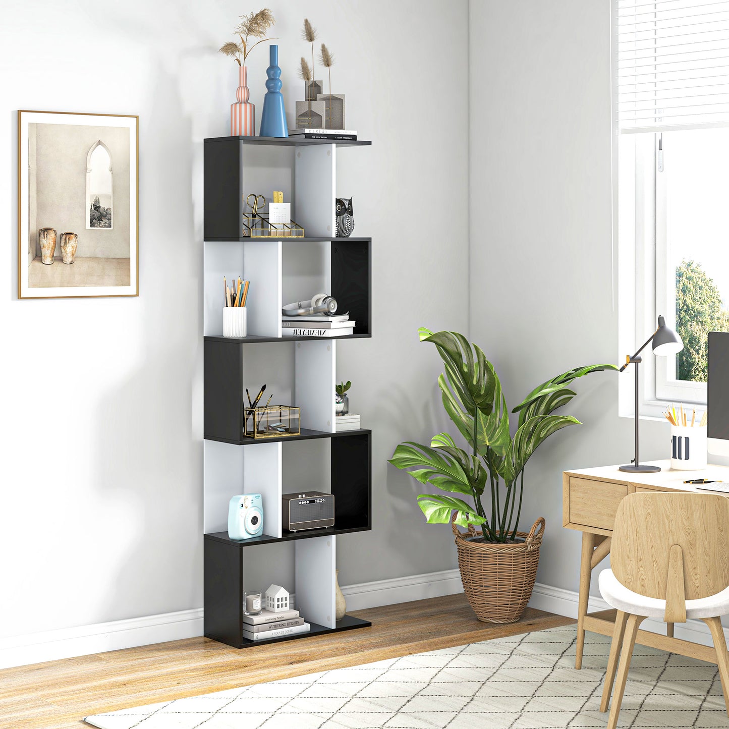 Noli Diha Wood And Metal Black And White S ShaFauxd Freestanding Bookcase With 5 And 6 Tier Layout