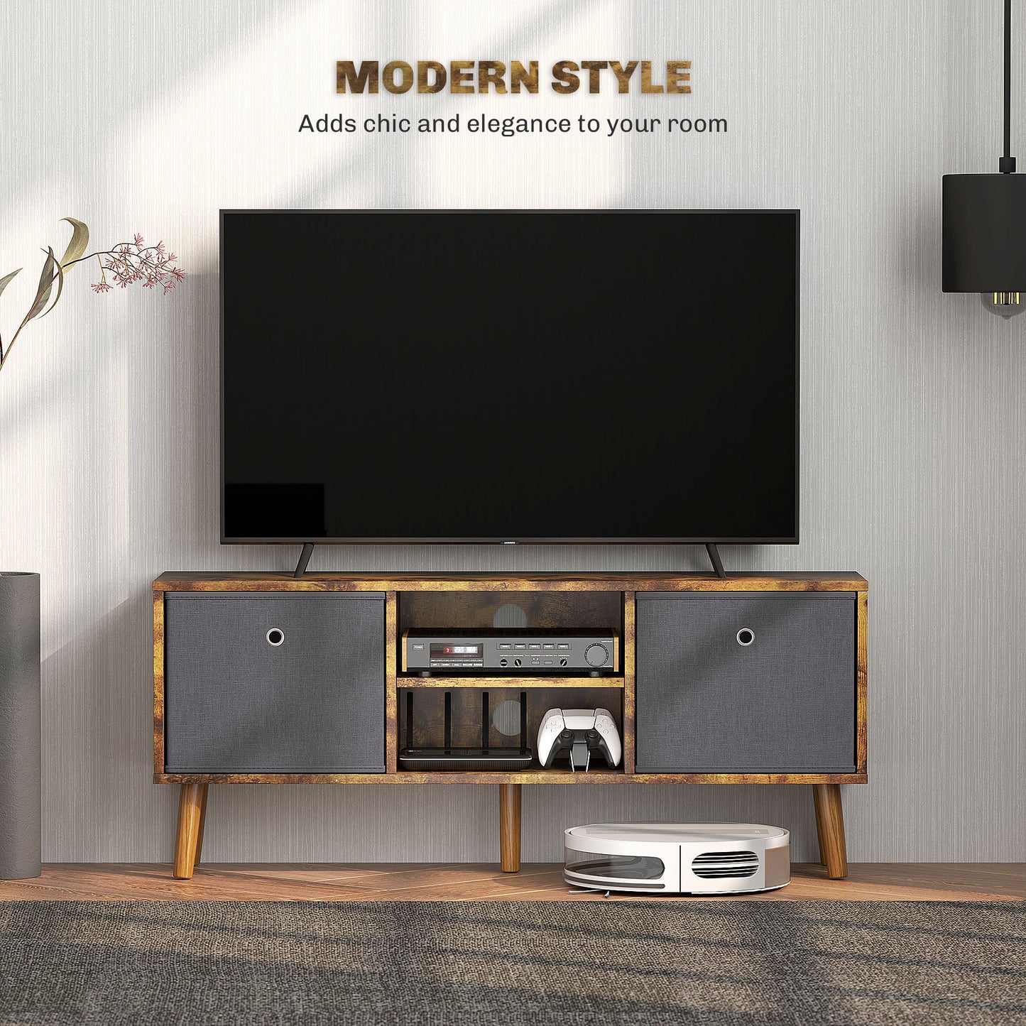 Dilo 110cm Wooden Rustic Brown TV Storage Cabinet With Fabric Fold Down Drawers For Screens Up To 50 Inches