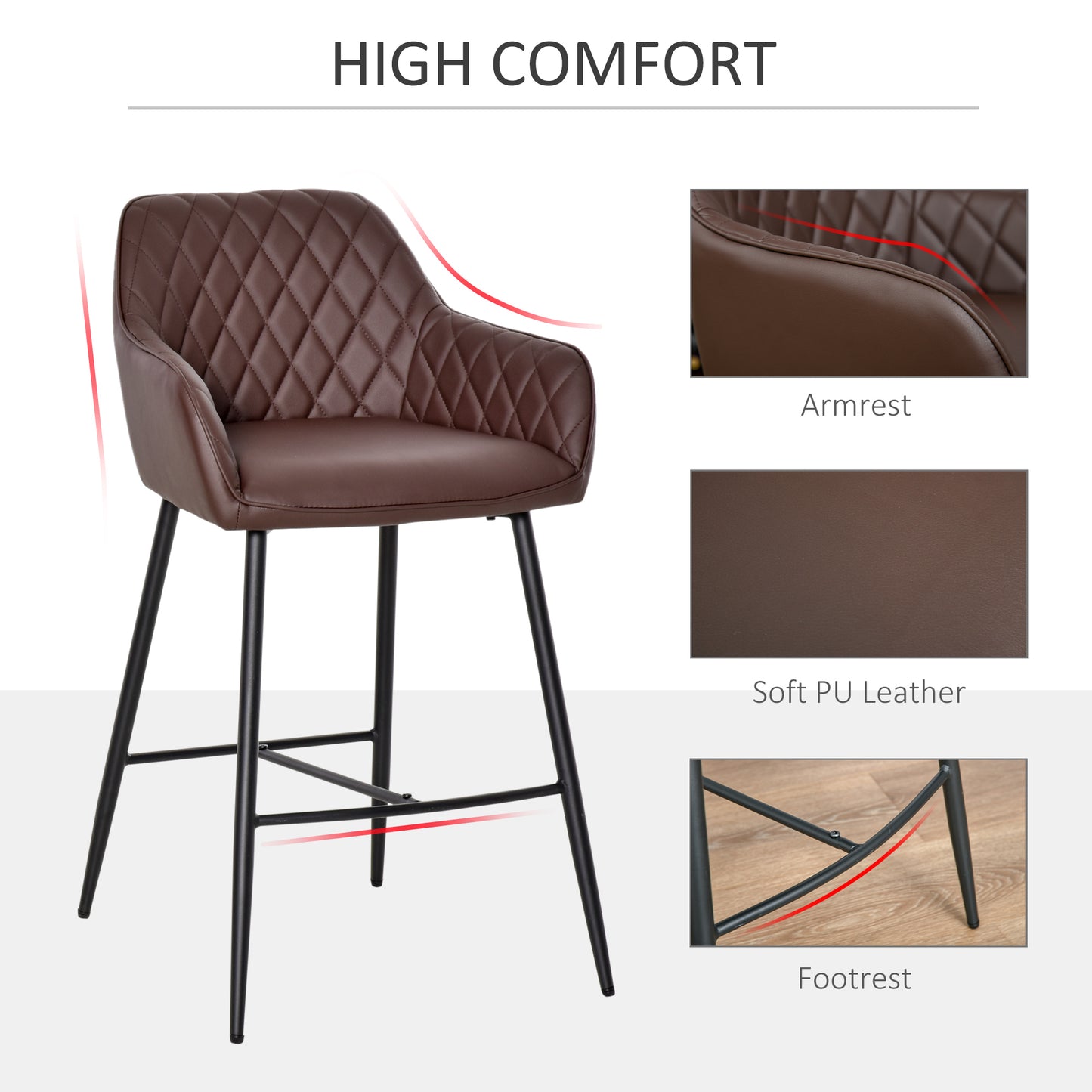 Mayore Faux Leather Brown Retro Bar Chairs Set Of 2 With Metal Frame And Footrest