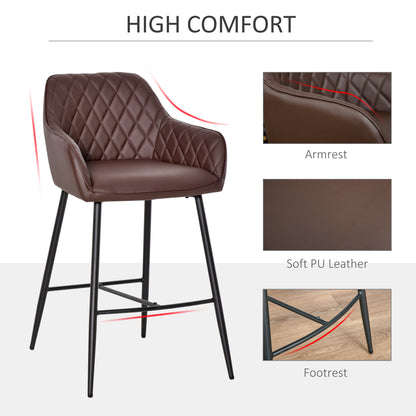 Mayore Faux Leather Brown Retro Bar Chairs Set Of 2 With Metal Frame And Footrest