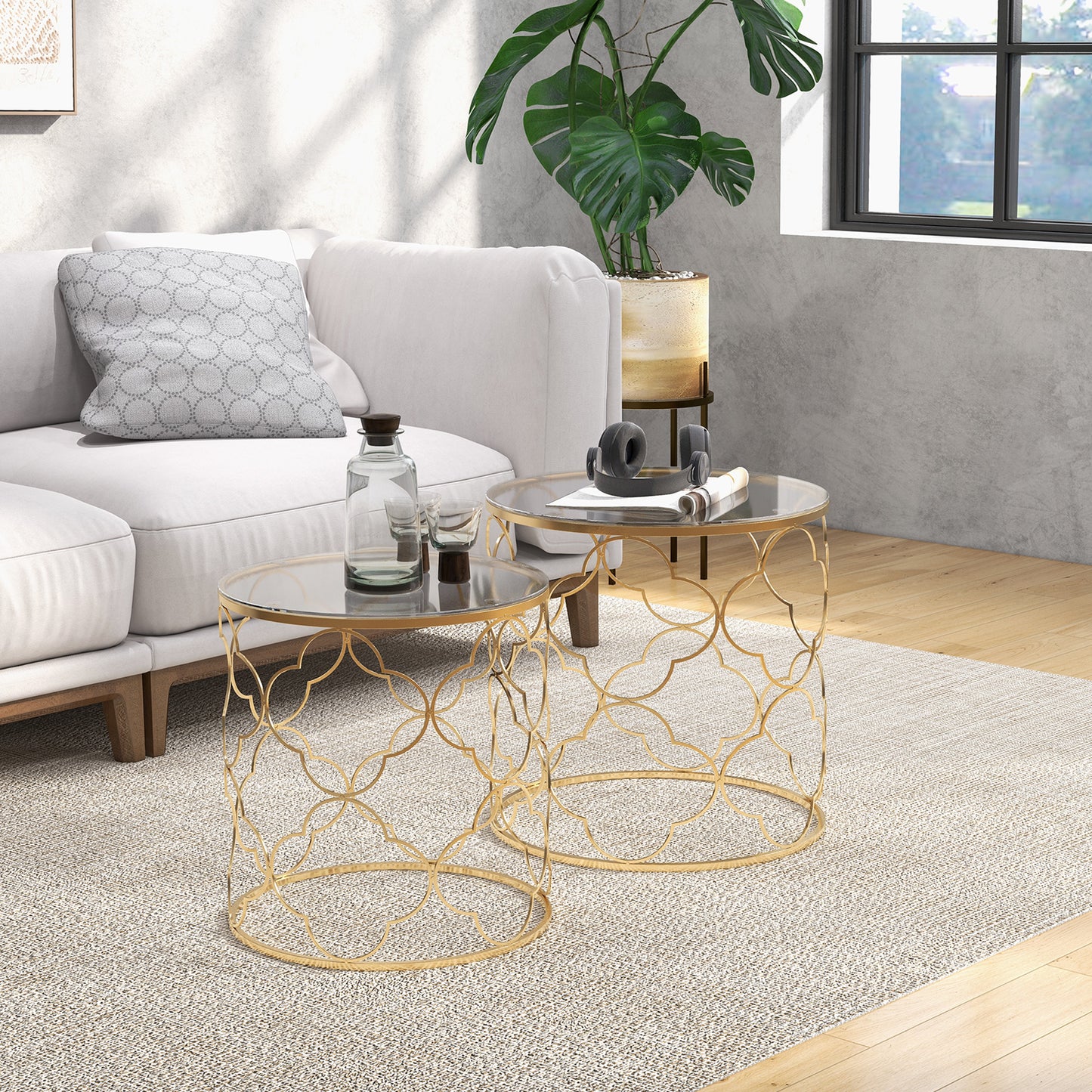 Takkita Metal And Glass Gold Tone Set Of 2 Nesting Side Tables With Tempered Glass Tops