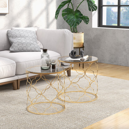 Takkita Metal And Glass Gold Tone Set Of 2 Nesting Side Tables With Tempered Glass Tops