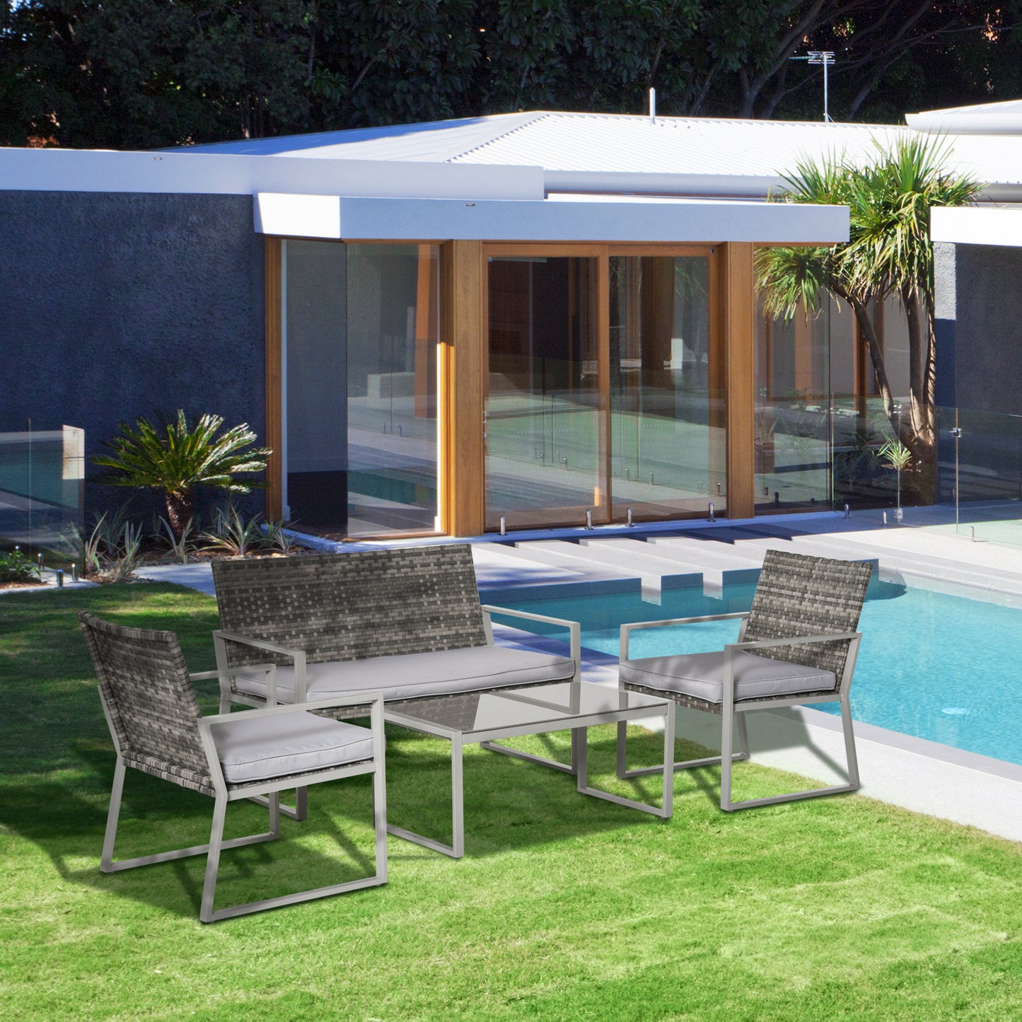 Kelusu Rattan 5 Seater Garden Furniture Sofa Set with 2 Armchairs and Coffee Table