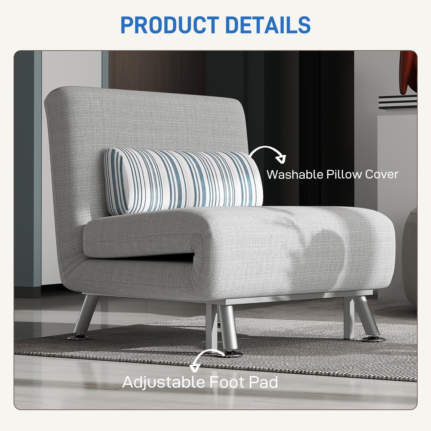 Coyo Kere Fabric Light Grey Single Sofa Bed With Fold Out SleeFauxr Design And Pillow