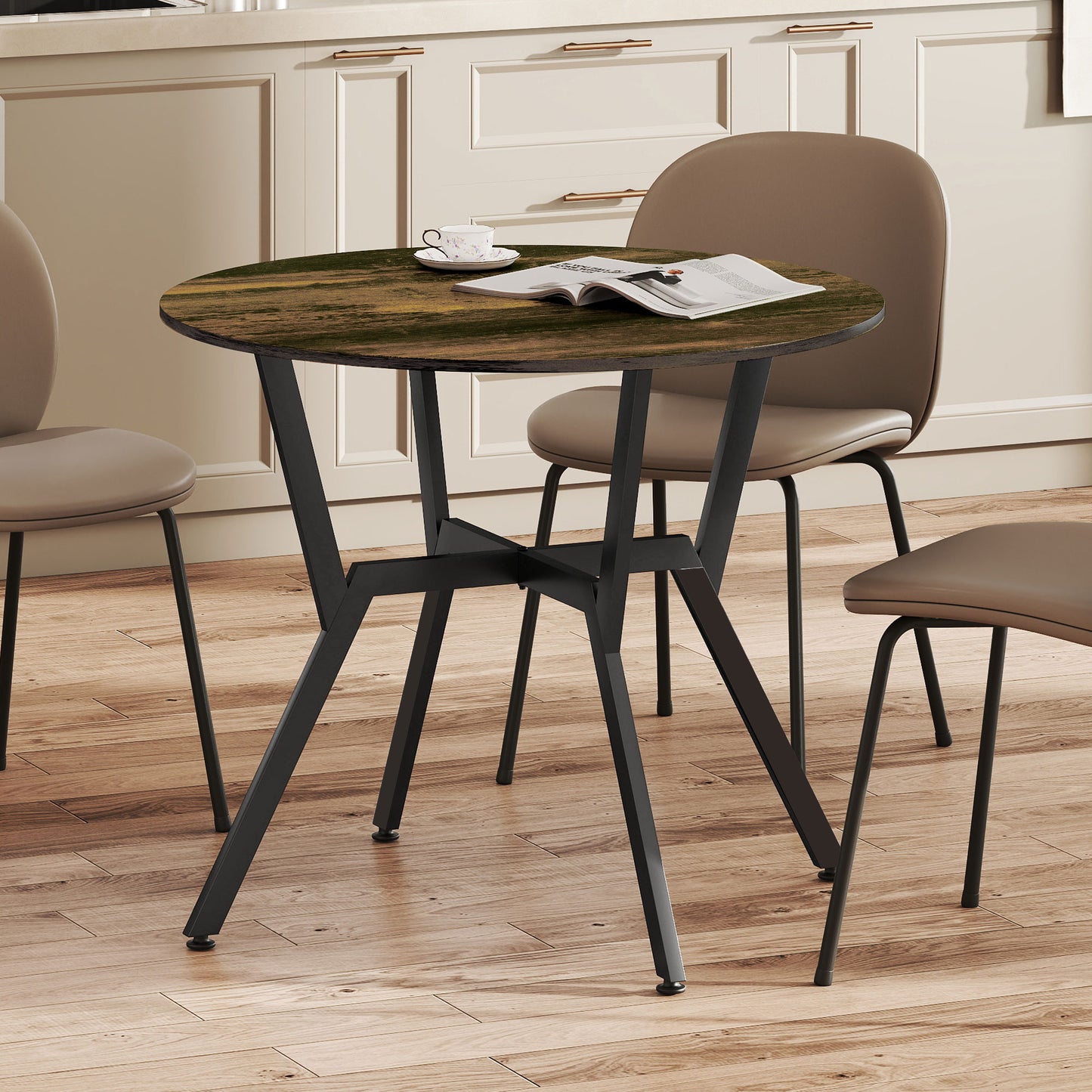 Molu Rustic Brown Round Dining Table With Black Metal Legs 90cm