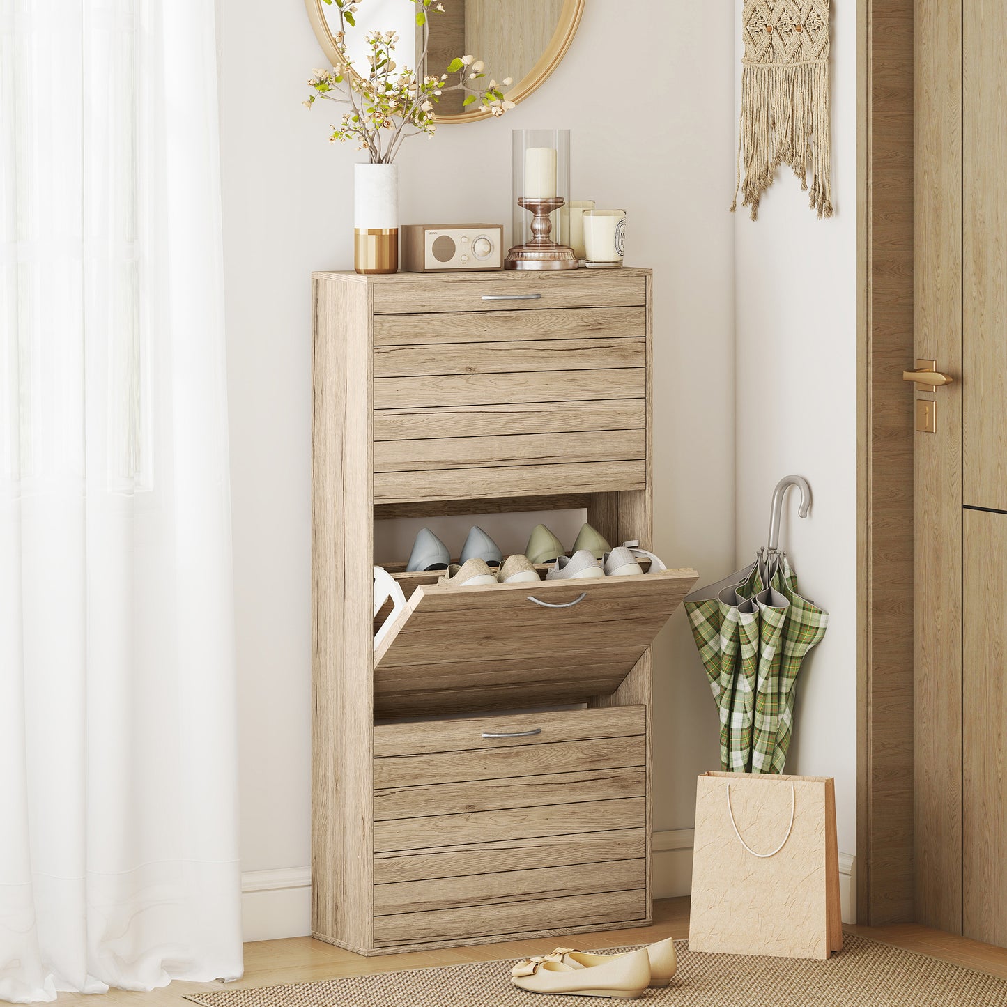 Covara Wooden Brown Wood Effect 12 Pair Shoe Cabinet With Flip Drawers
