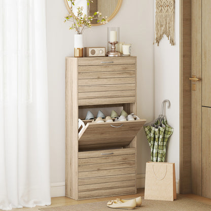 Covara Wooden Brown Wood Effect 12 Pair Shoe Cabinet With Flip Drawers