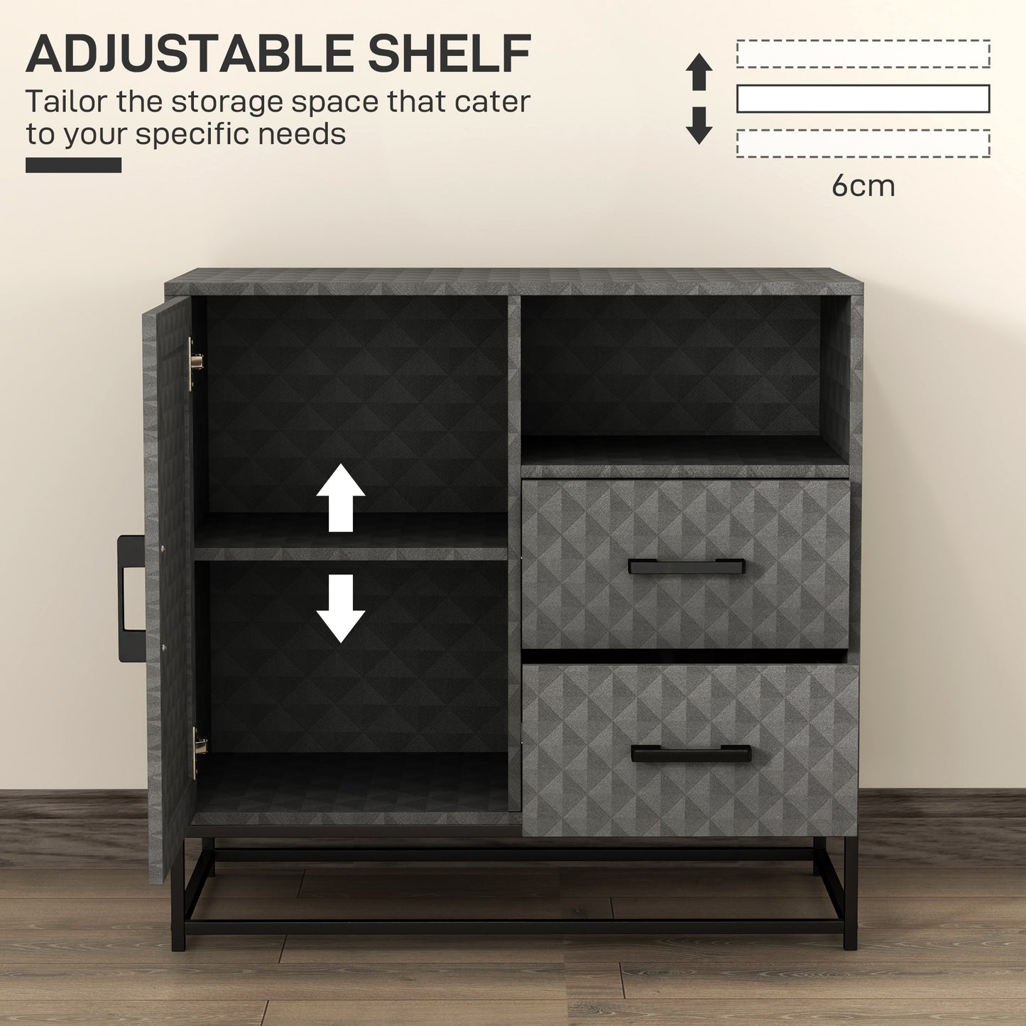 Harofi Grey Retro Sideboard With Openn Compartment 2 Drawers 1 Door