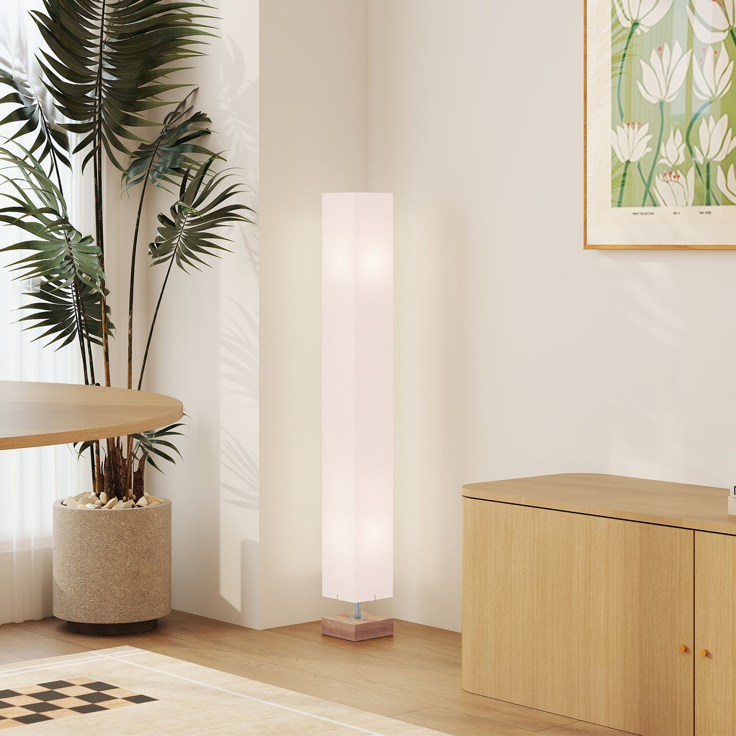 Talini Pine Wood And Fabric Natural Standing Floor Lamp With Linen Shade 120cm