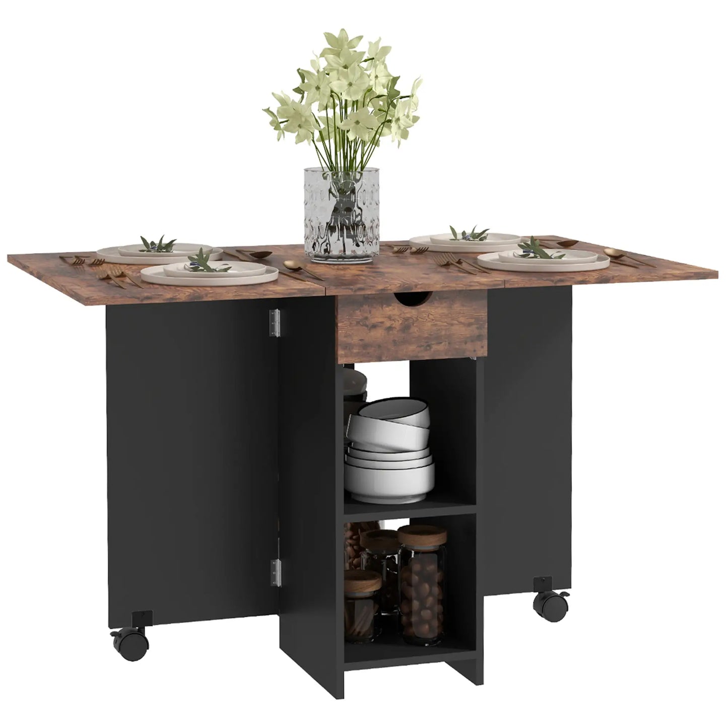 Barretti Wooden Rustic Brown Folding Drop Leaf Dining Table With Drawer And Storage Shelves