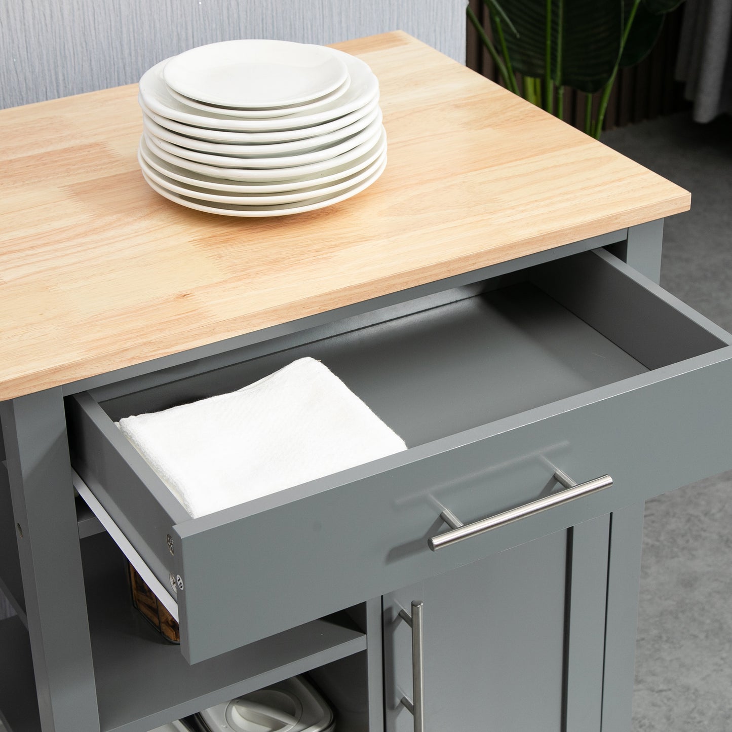 Sovasa Wooden Grey Compact Kitchen Trolley With OFauxn Shelves And Drawer Storage