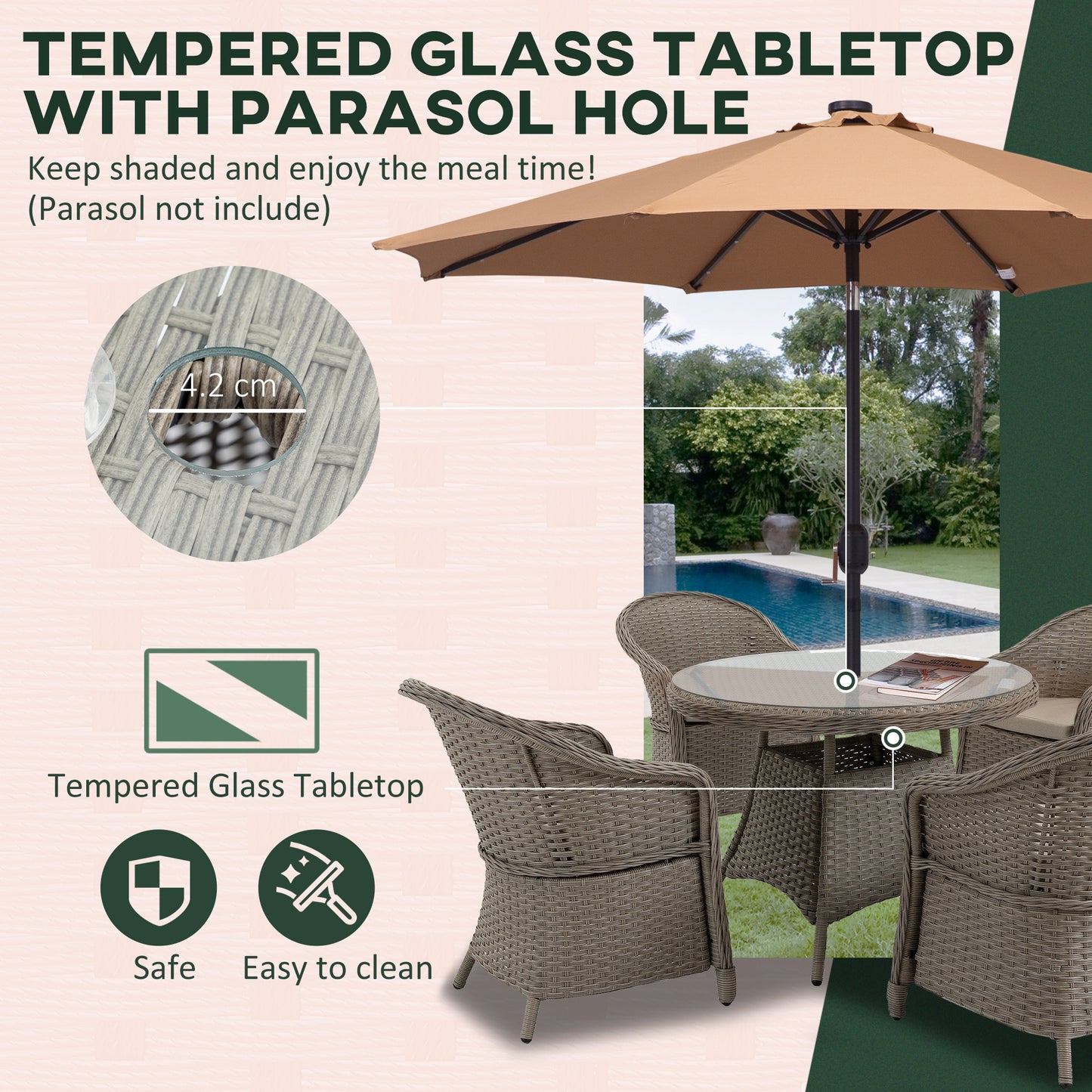 Vifi Rattan Grey 4 Seater Outdoor Dining Set With Glass Table And Cushions