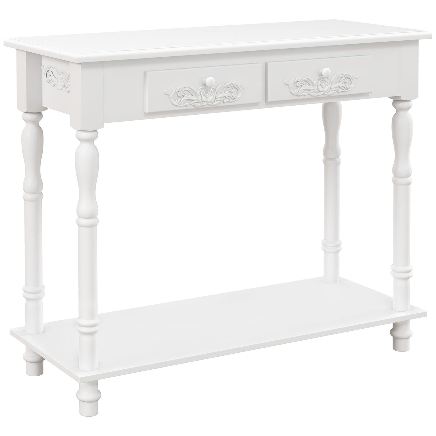 Relo Wooden White French Console Table With Drawers And Bottom Shelf