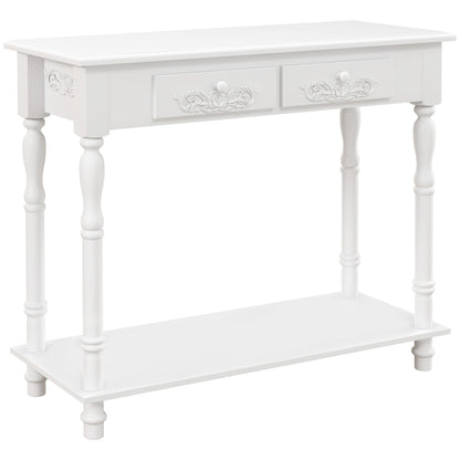 Relo Wooden White French Console Table With Drawers And Bottom Shelf