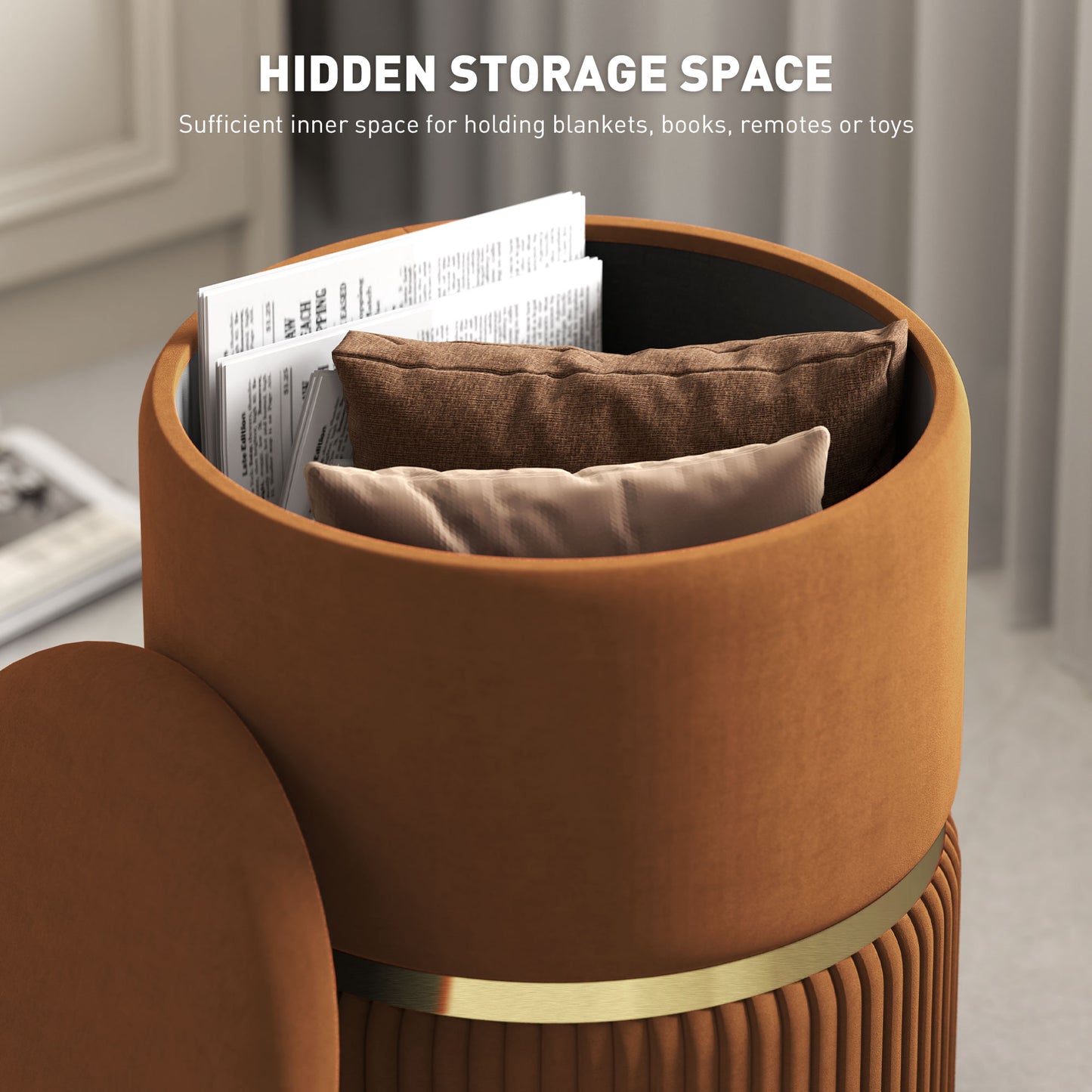 Rapa Etched Velvet Brown Storage Ottoman With Gold Detail