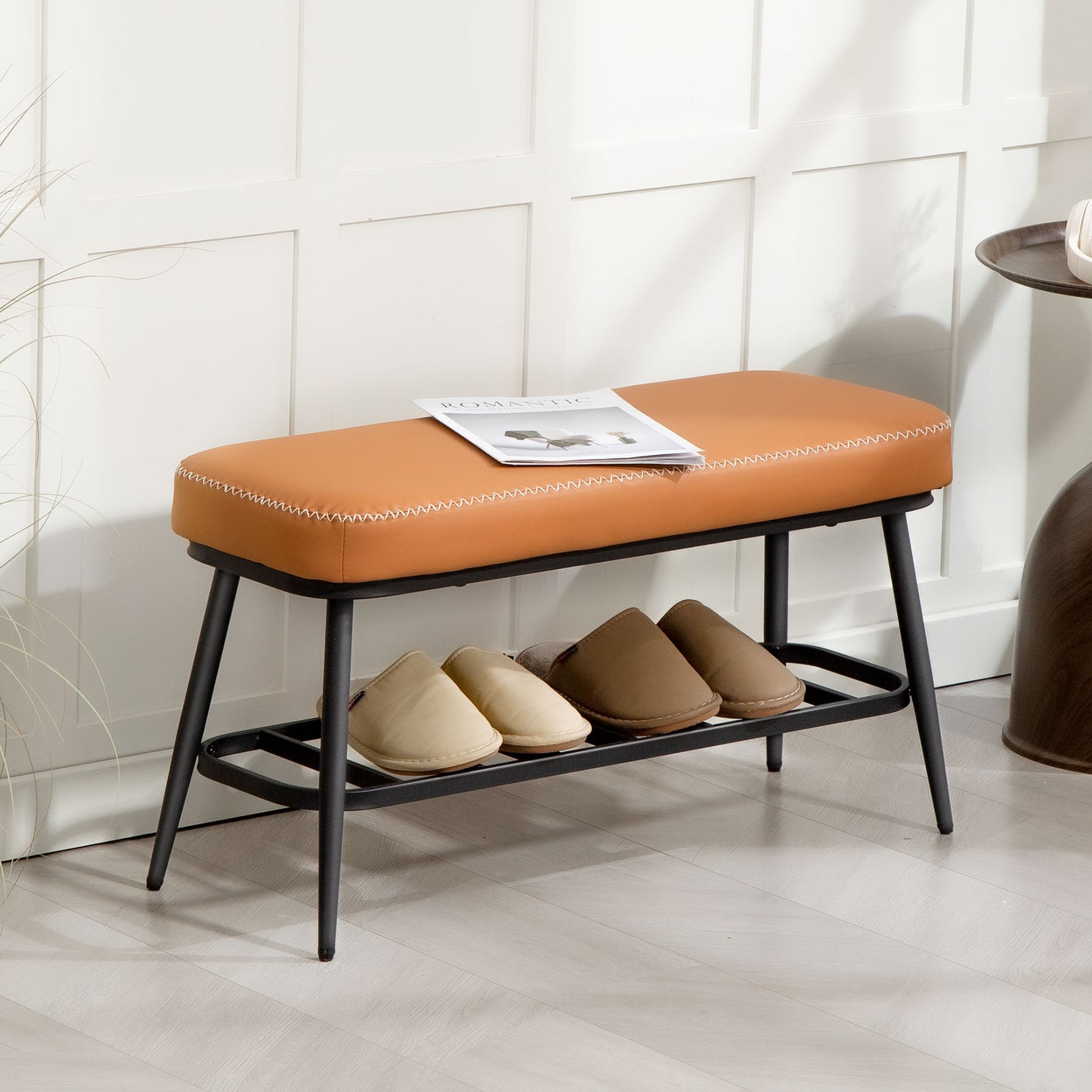 Elbani Faux Leather Orange Shoe Storage Bench With Cushioned Seat