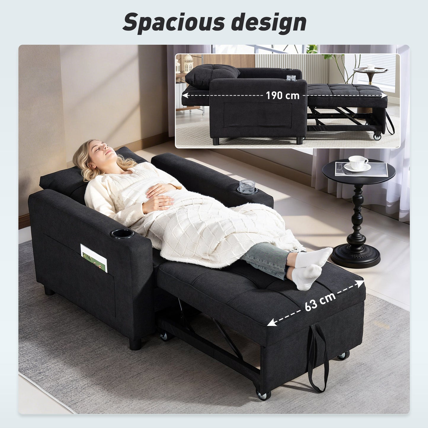 Soliri Black Upholstered 3 In One Convertible Single Sofa Bed Tufted Cushion