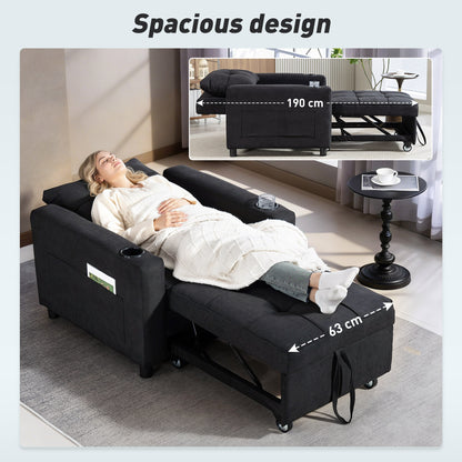 Soliri Black Upholstered 3 In One Convertible Single Sofa Bed Tufted Cushion