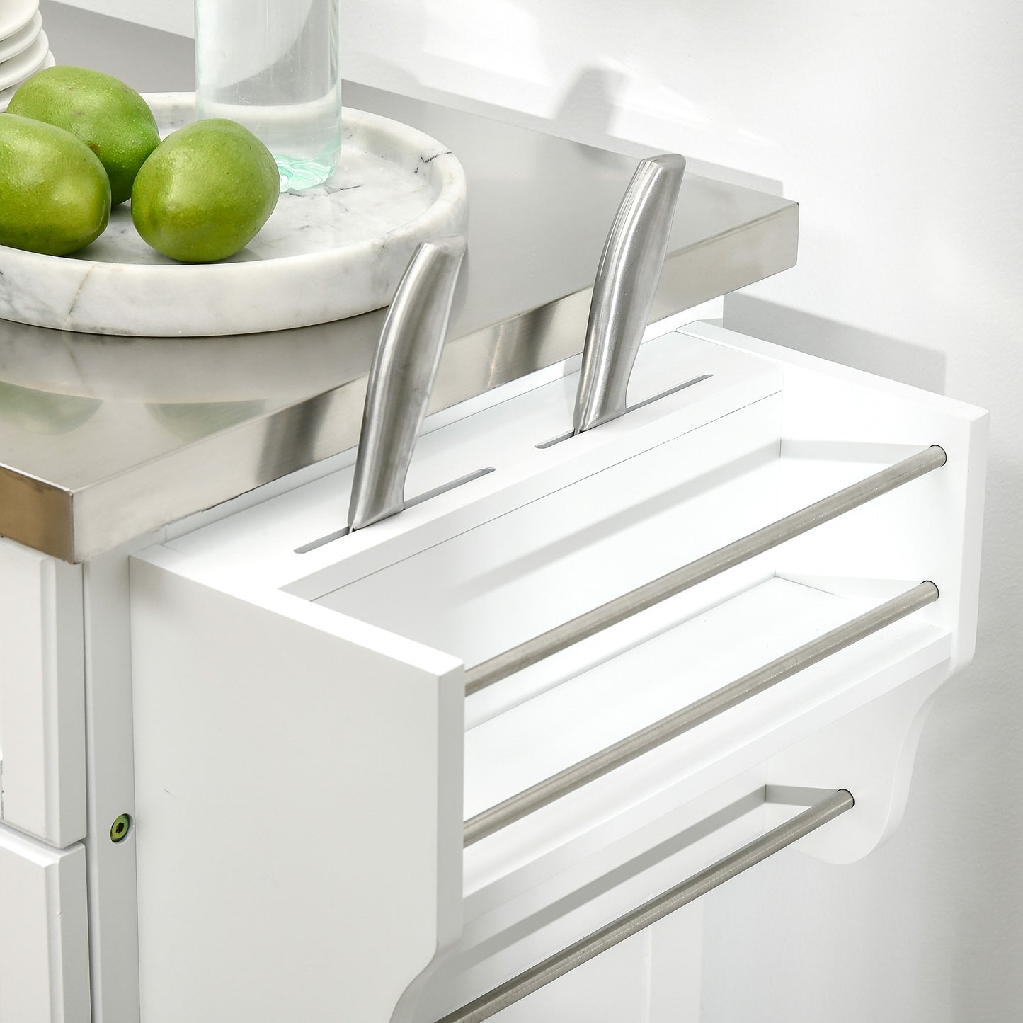 Nenapa Wooden White Kitchen Island On Wheels With Stainless Steel Top Drawer And Side Rack