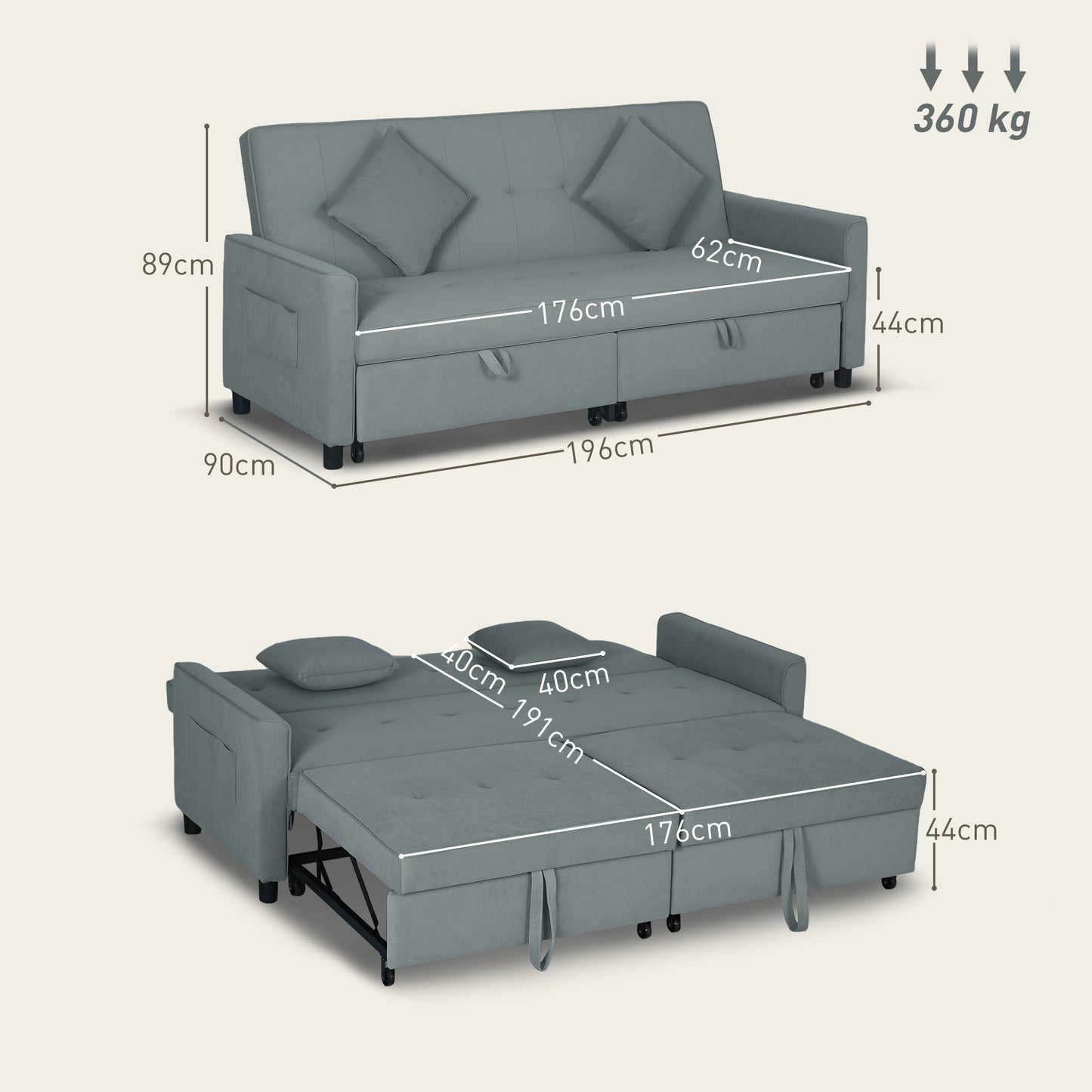 Senosa Grey Upholstered 3 Seater Convertible Sofa Bed Tufted