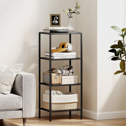 Elso Metal And Glass Black 4 Tier Vertical Shelving Unit For Living And Office Use