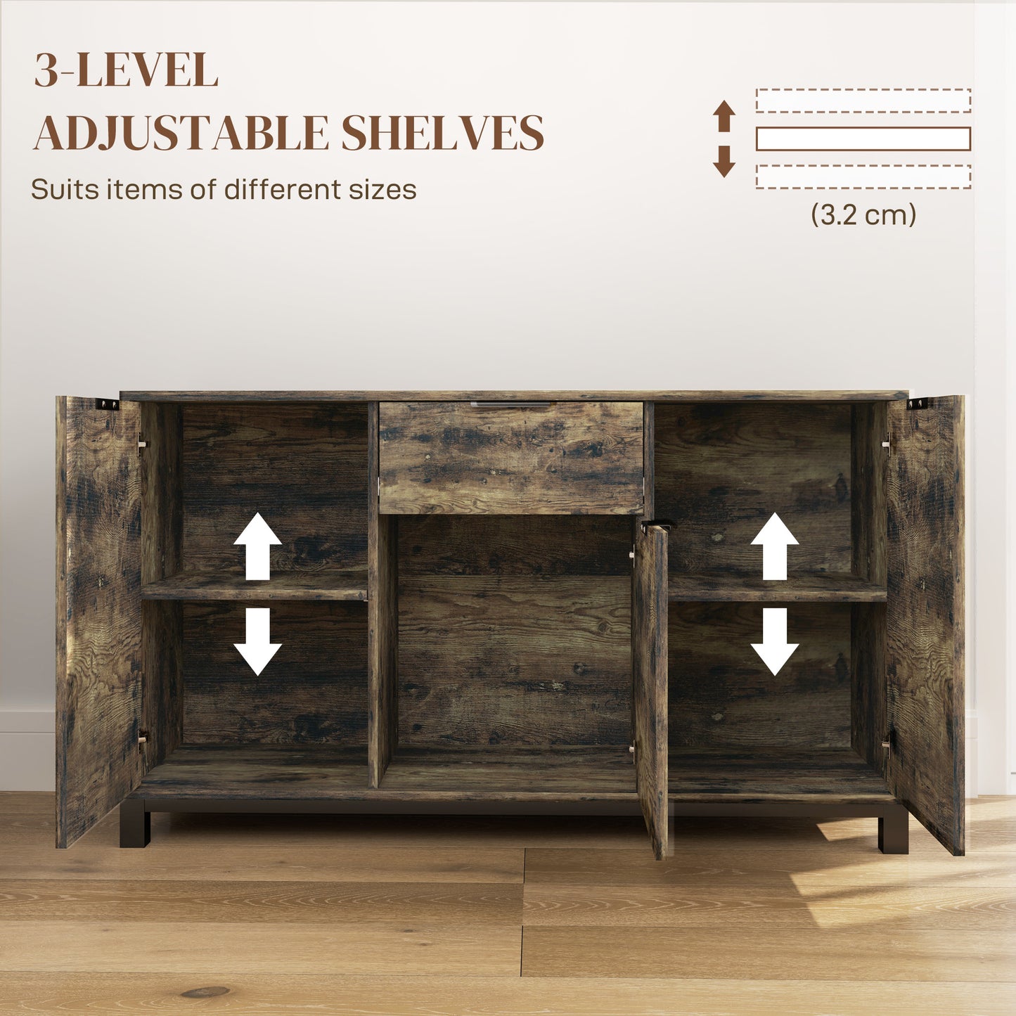Nomano Rero Rustic Brown Industrial Sideboard With Doors Drawer And Adjustable Shelves