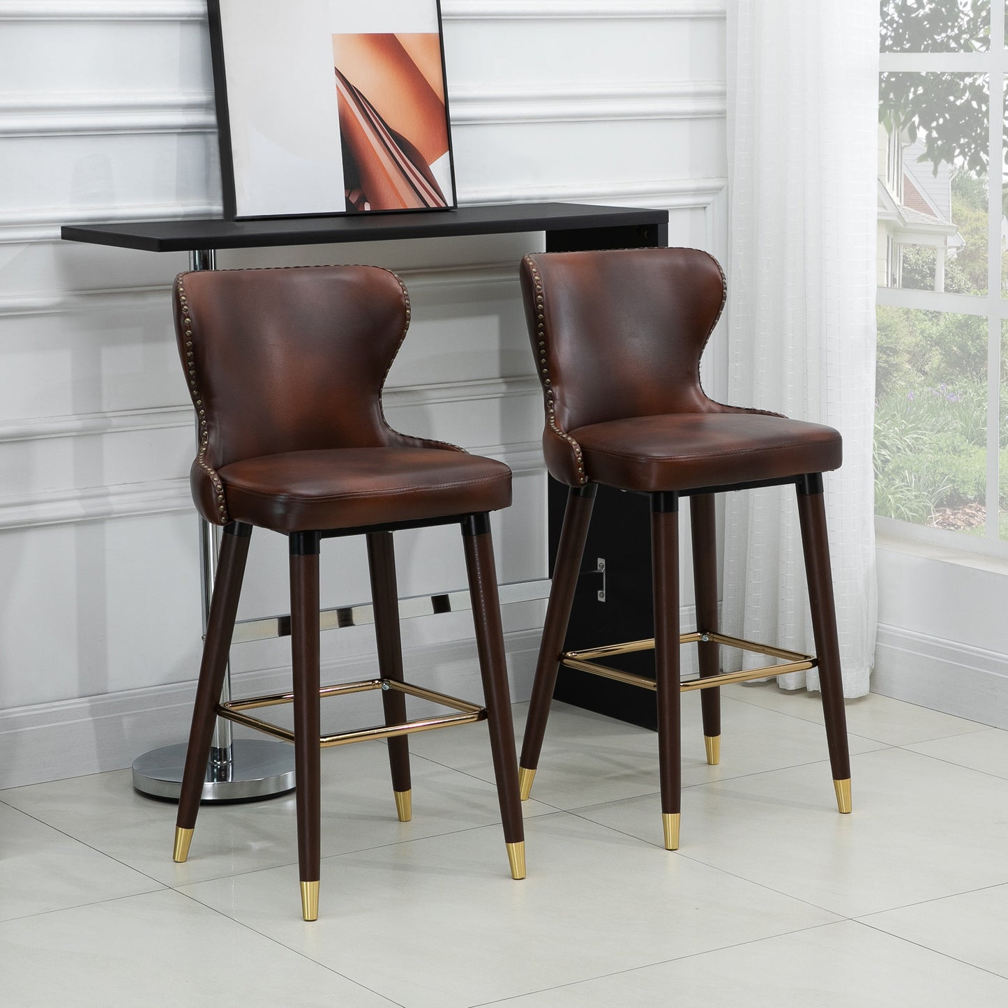 Halotti Faux Leather Brown Bar Stools Set Of 2 With Back Support And Wooden Legs