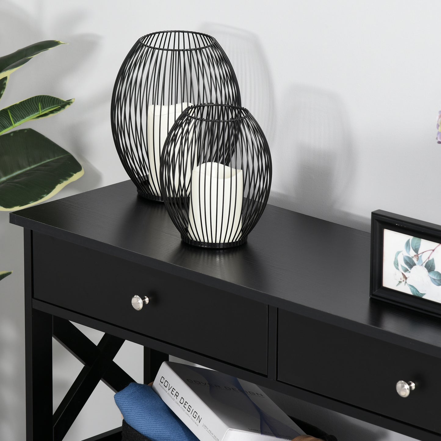 Kafa 100cm Wooden Black X Frame Console Table With Drawers And 2 Shelves