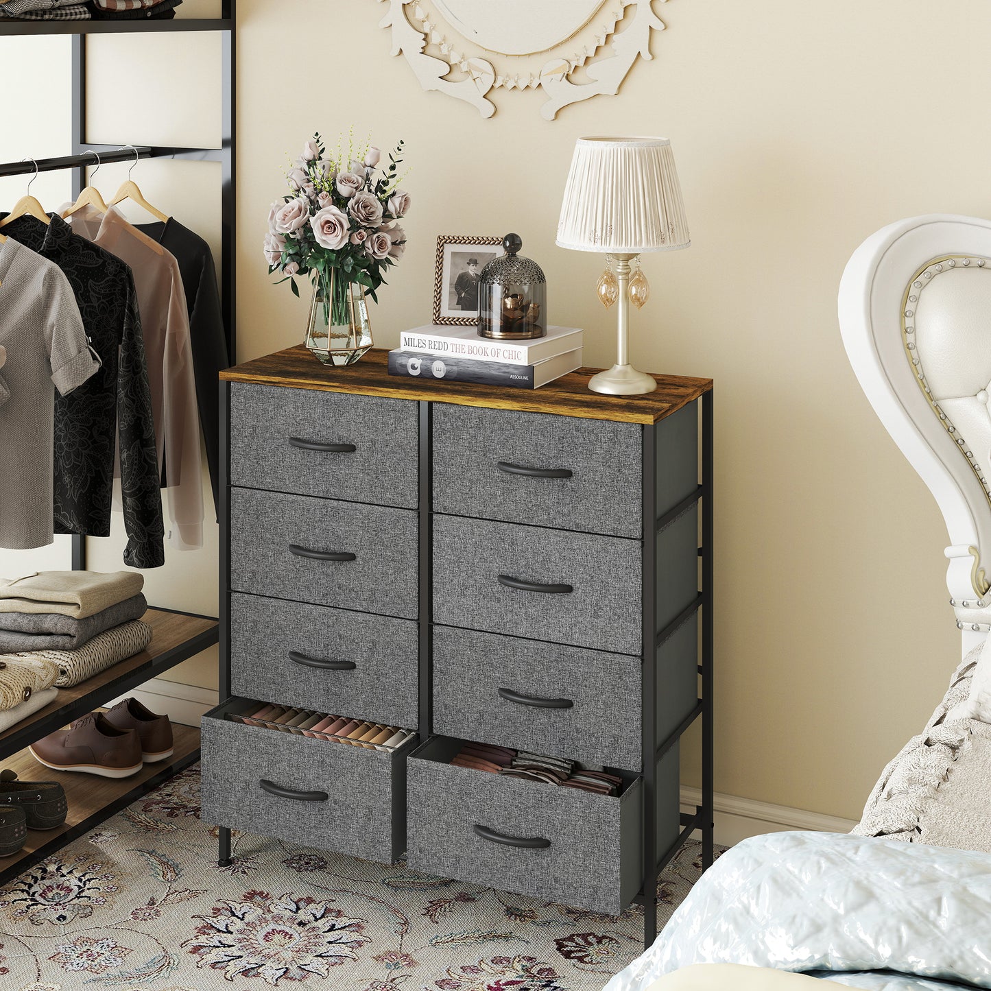 Rene Metal And Fabric Rustic Brown And Grey 8 Drawer Industrial Storage Dresser