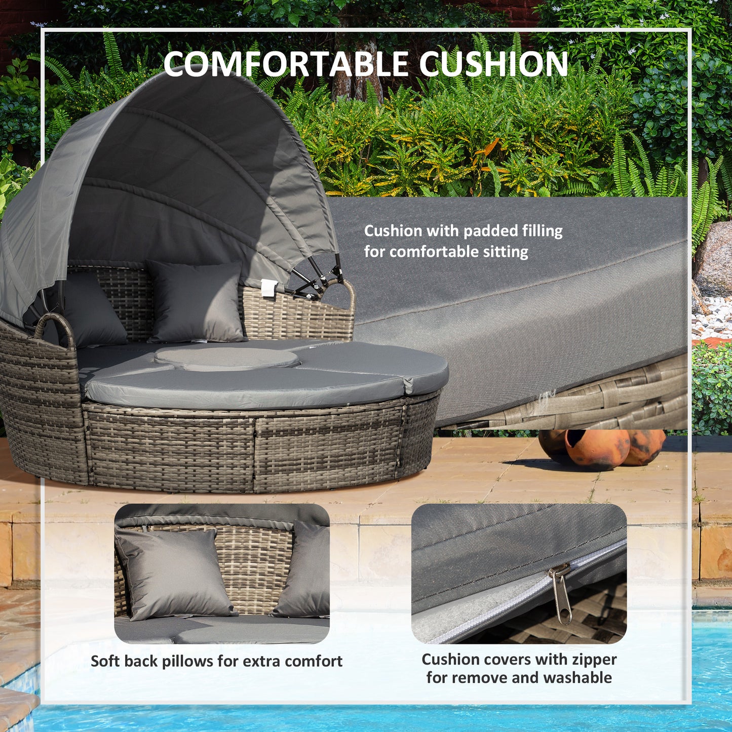 Leluri Faux Rattan Dark Grey Round Daybed Outdoor Canopy Table And Cushions