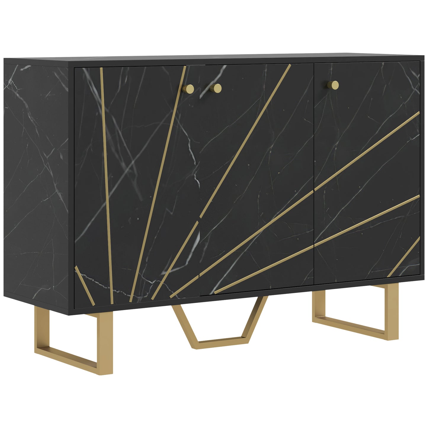 Suno Black Marble Effect Sideboard Golden Metal Legs 3 Doors