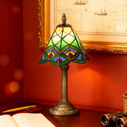 Mamavi Glass And Metal Green Tiffany Style Table Lamp With Geometric Stained Design