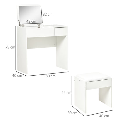Fimazi Mola White Vanity Desk With Flip Mirror Drawer Storage And Cushioned Stool