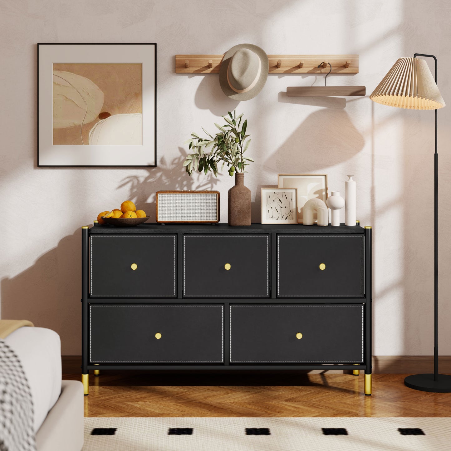 Lomomo Faux Leather Black Front Panel Chest Of Drawers