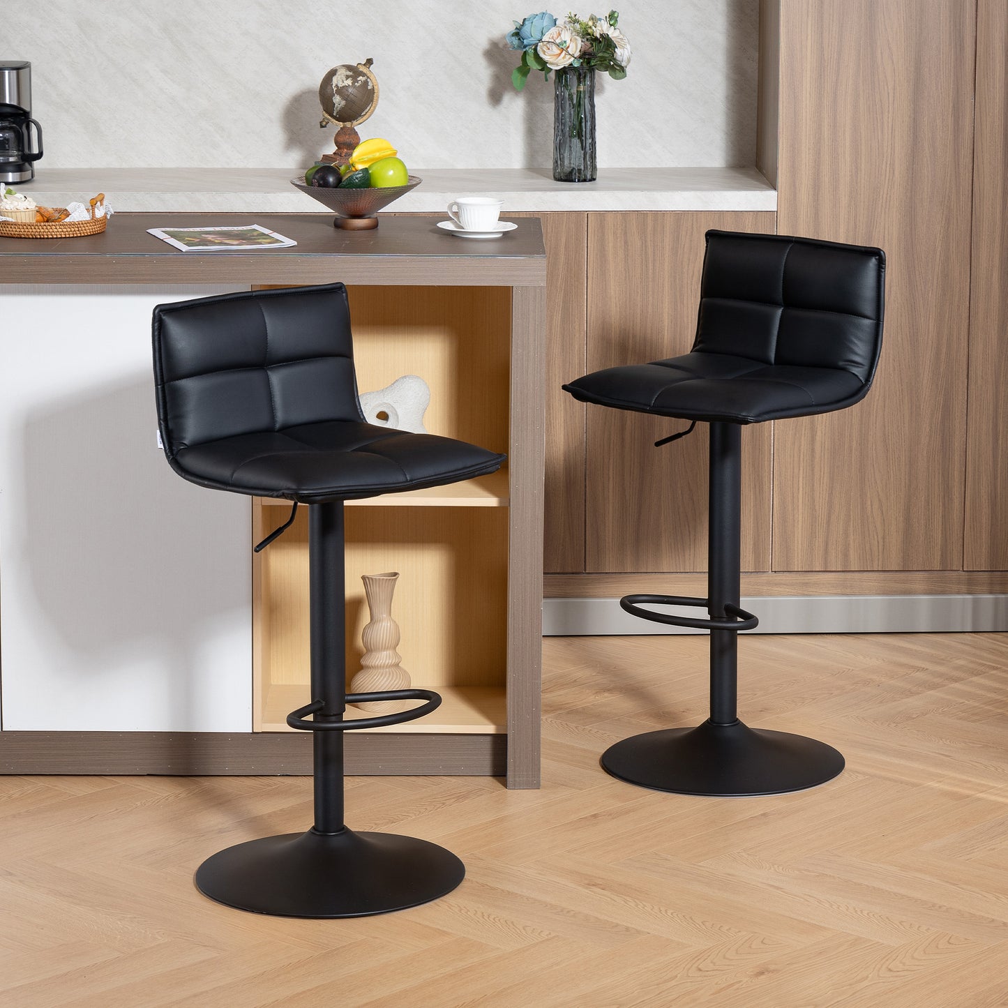 Miha Set Of 2 Black Modern Faux Leather Bar Chairs