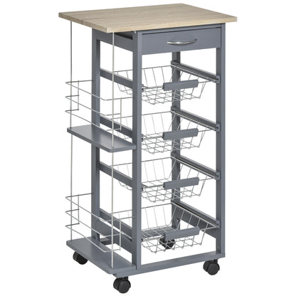 Nerake Metal Grey Rolling Kitchen Cart With 4 Basket Drawers And Side Racks