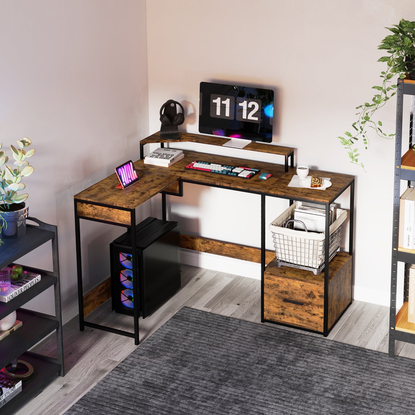 Raleno 137.5cm Brown Industrial L Shaped Multi Purpose Work Desk