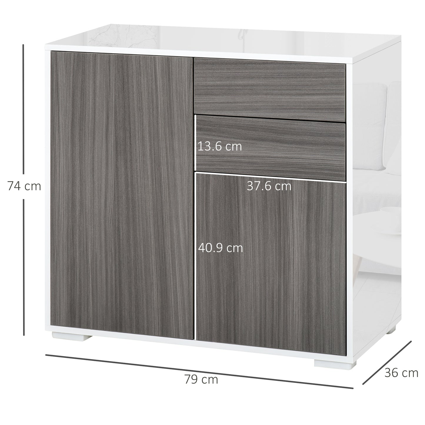 Luel High Gloss White and Grey Wood Effect Compact Sideboard With Push Open Drawer and 2 Doors