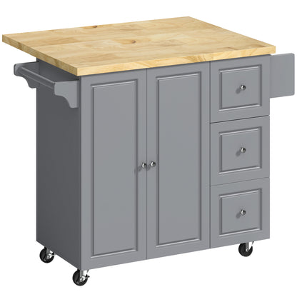 Norado Grey and Natural Wooden Rolling Kitchen Island With Drop Leaf Drawer Towel And Spice Racks