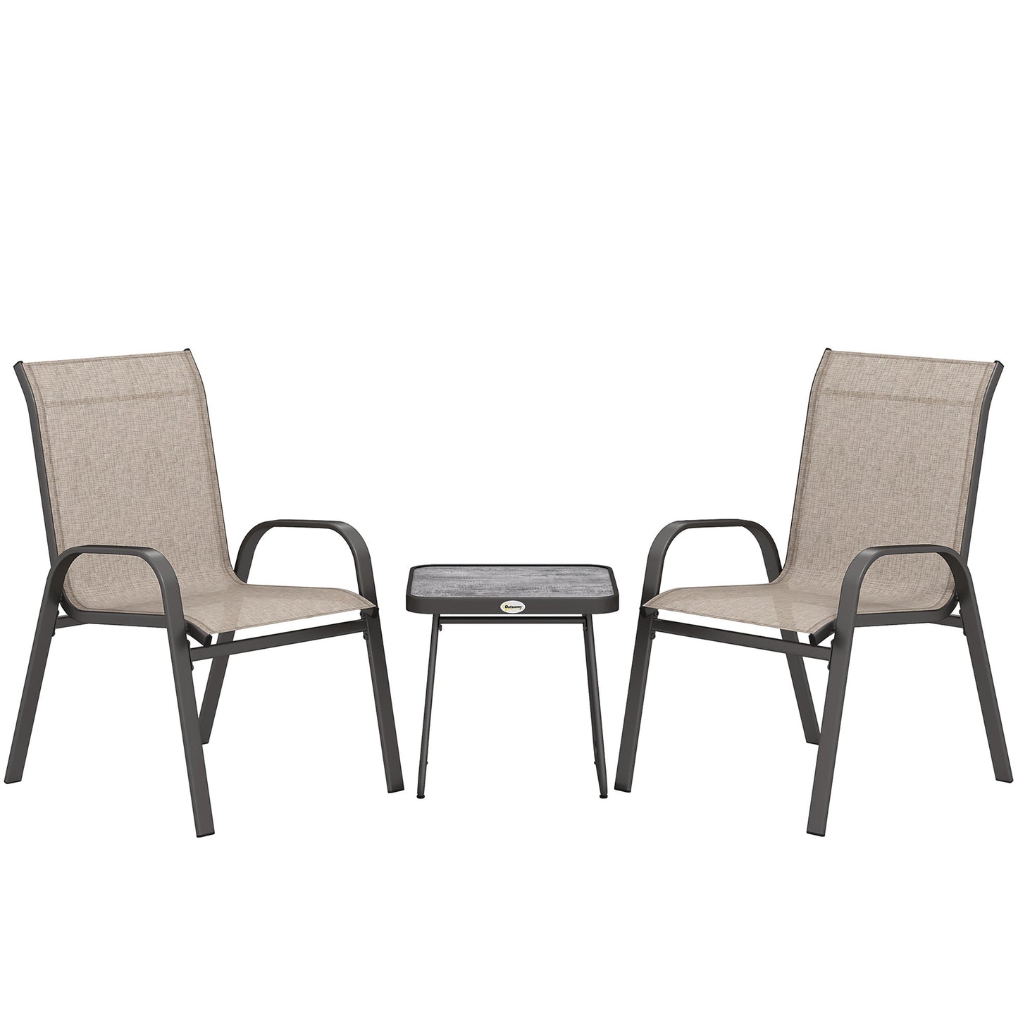 Diseli 3 Piece Outdoor Mesh Bistro Set With Stackable Chairs And Coffee Table In Brown