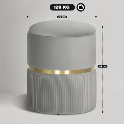 Rivera Velvet Light Grey Ribbed Storage Ottoman Gold Accent
