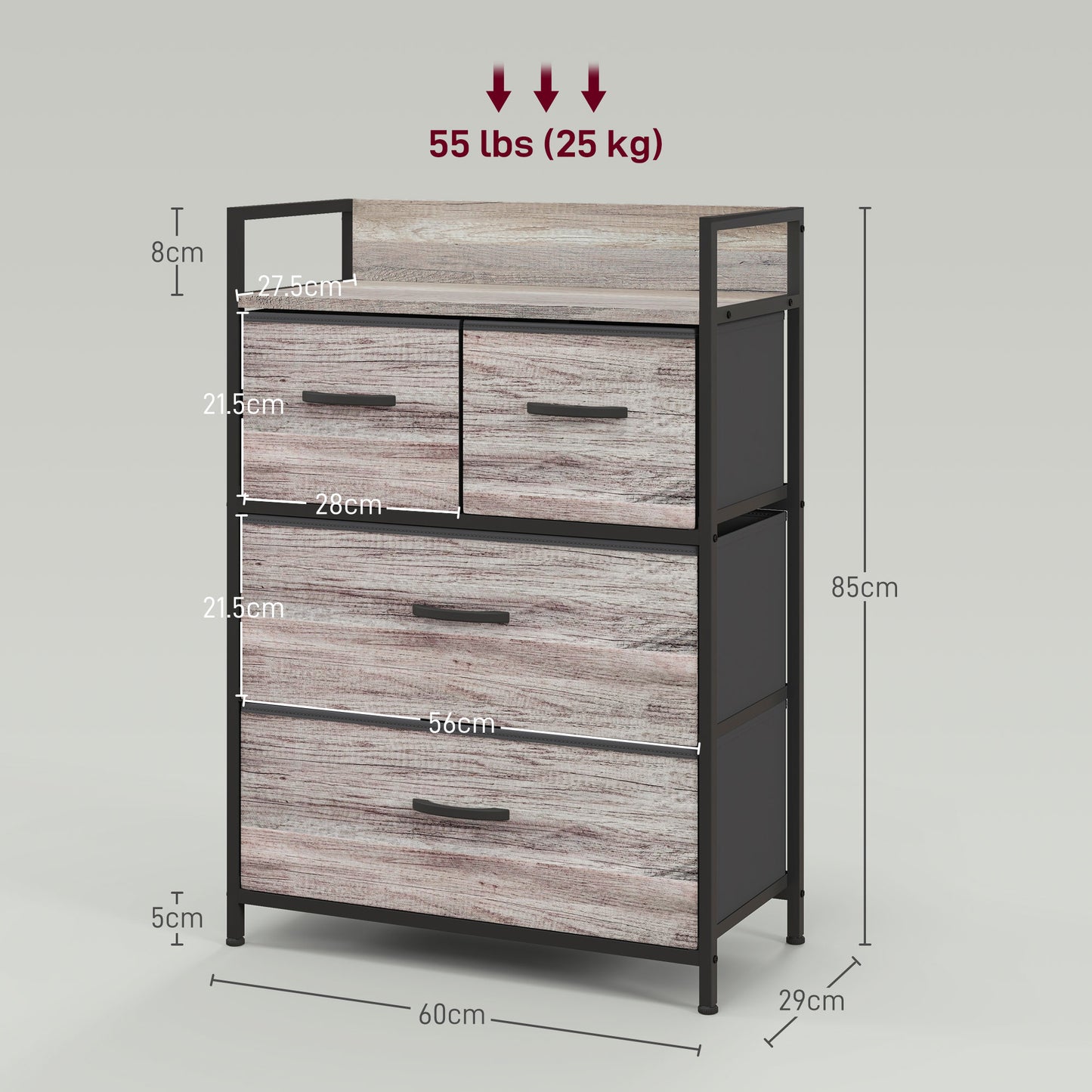 Doyo Elso Fabric And Wood Grey Wood Effect 4 Drawer Rustic Storage Chest