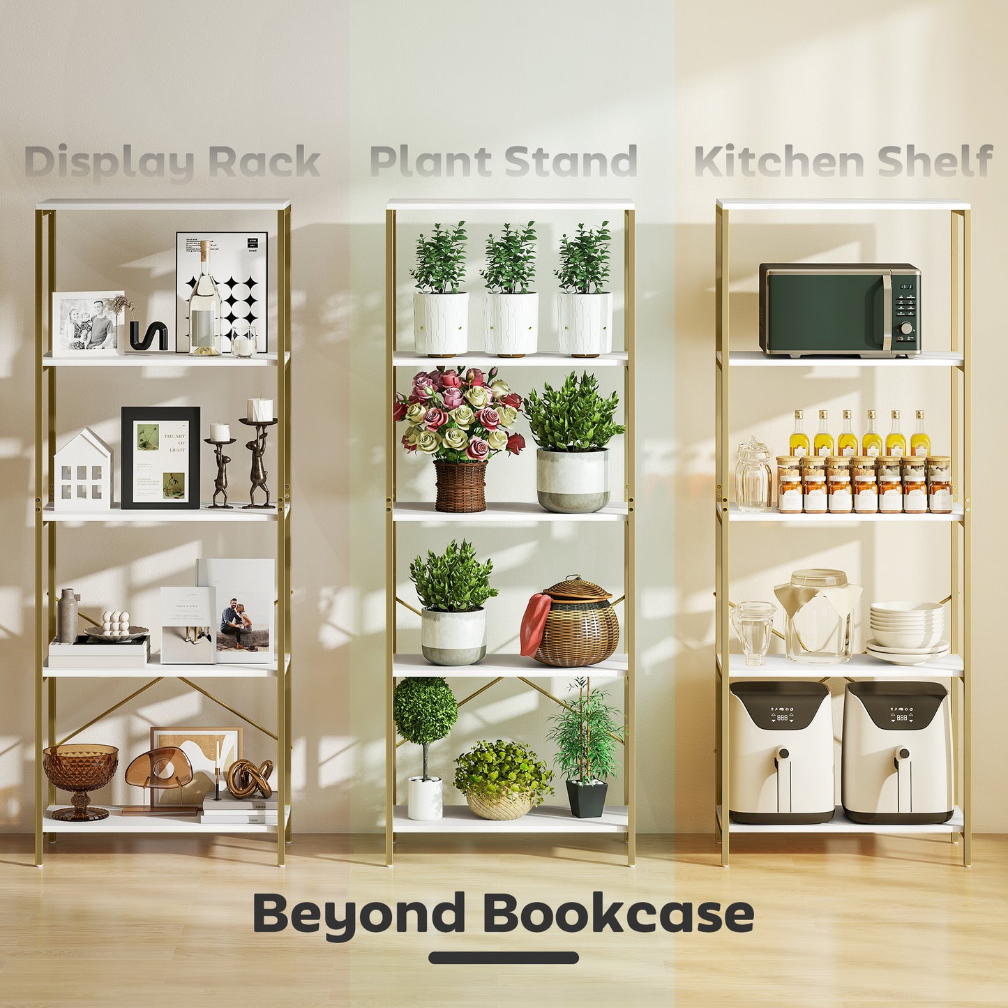Lazila Metal And Wood White And Gold Tone 5 Tier Modern Bookcase