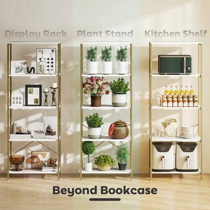 Lazila Metal And Wood White And Gold Tone 5 Tier Modern Bookcase