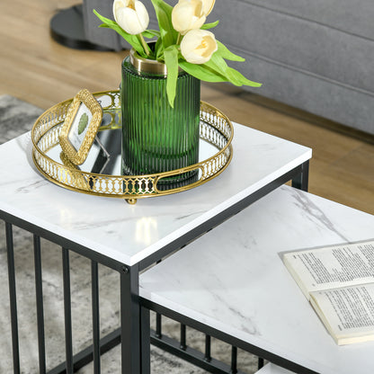 Yoloba Metal And Wood White And Black Set Of 2 Marble Effect Nesting Coffee Tables