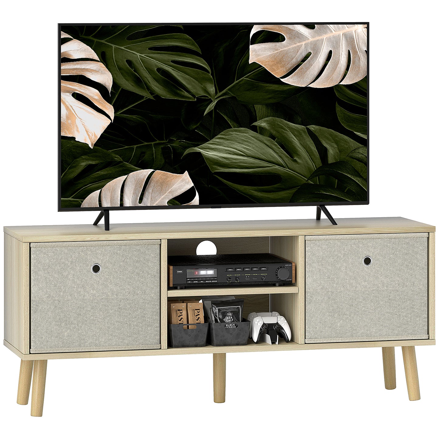 Lepa Yoha 110cm Natural Wood TV Storage Cabinet With Fabric Fold Down Drawers For Screens Up To 50 Inches