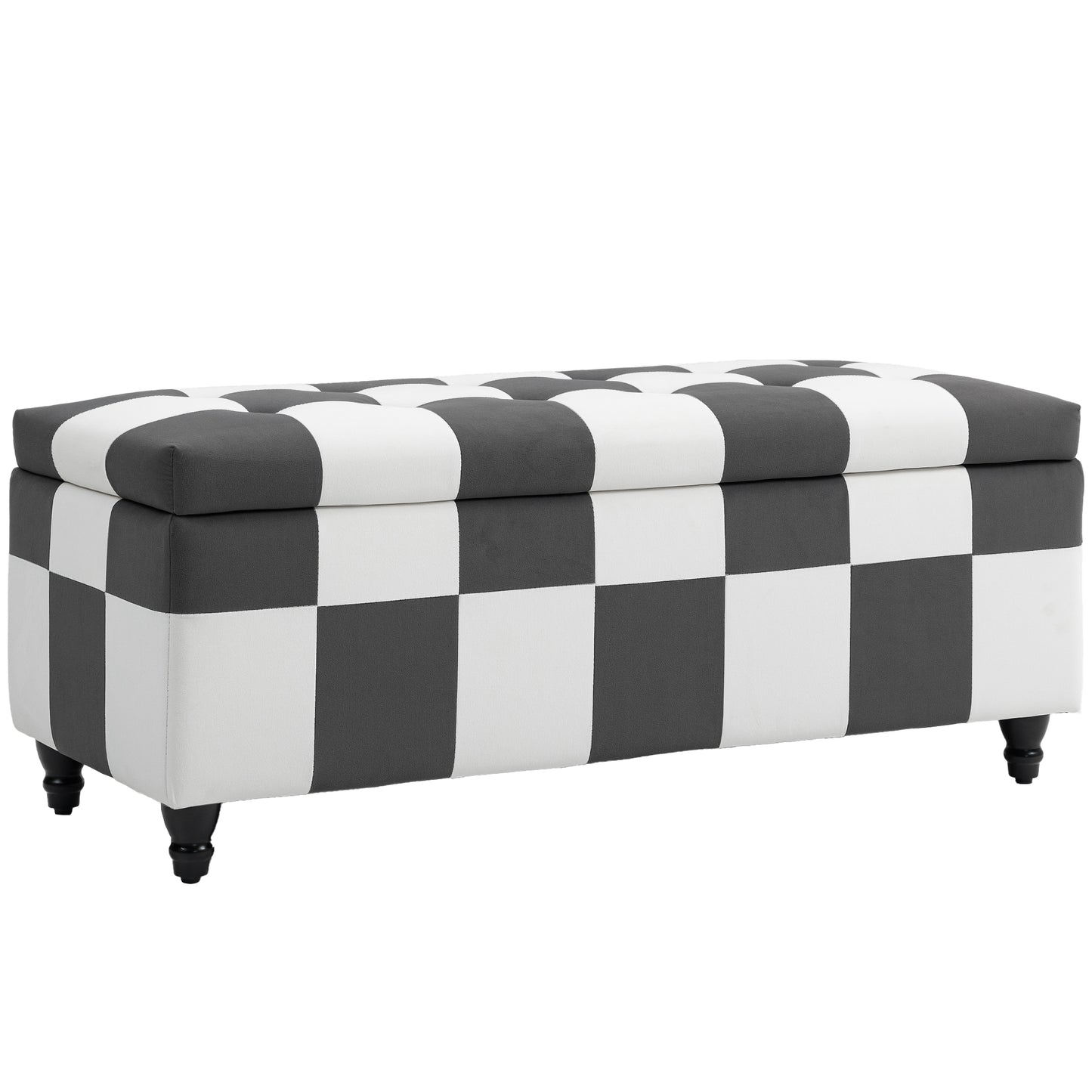 Susula Velvet Dark Grey And White Check Pattern Storage Bench With Wooden Legs